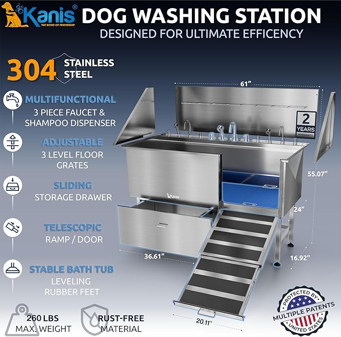 KANIS Professional Dog Washing Station 304 Stainless Steel Pet Wash Sink & Grooming Bathtub w/Shower, Floor Grates and Storage for Large, Medium & Small Pets (Silver, 61 Inches, Right Ramp, 1 Drawer)