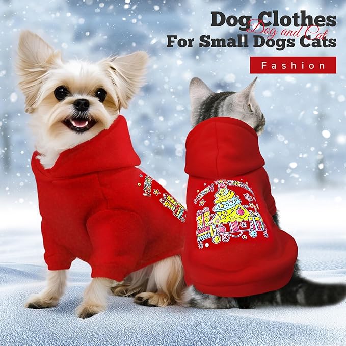 ABRRLO Small Dog Hoodie Clothes Red Christmas Dog Outfit Warm Fleece Dogs Sweater for Small Dogs Cat Boy Girl Cute Puppy Sweatshirt with Leash Hole Xmas Doggy Costume Chihuahua Yorkie(Xmas Tree,M)