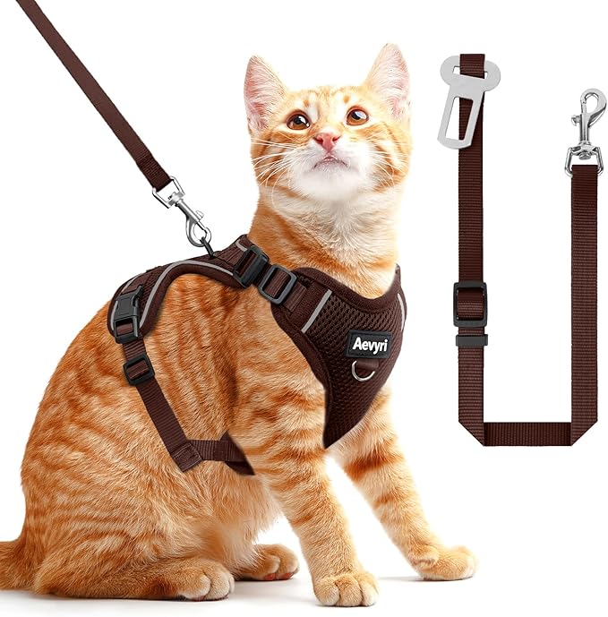 Cat Harness and Leash Set - Escape Proof Adjustable Cat Harness, Comfortable Soft Lightweight, Use Safe & Easy, Walking Travel Kitten Harness for Small Medium Large Cats, Brown, M