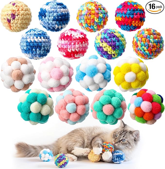 Shappy 16 Pack Cat Toys Balls & Woolen Yarn Cat Ball Toy with Bell Inside, Kitten Toys for Indoor Cats Kitty Fuzzy Cartoon Balls