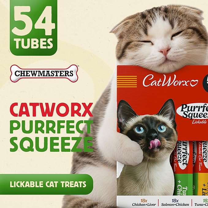 Catworx by Chewmasters Purrfect Squeeze Lickable Soft Cat Treats, 54 Pack - Creamy Purée Squeeze Tubes for Kittens and Adult Cats - Hand Feeding Snack or Food Topper - Training Reward, 0.53 Ounce