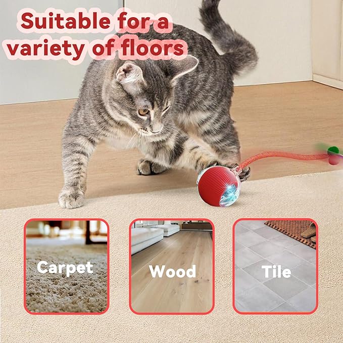 Speedy 2.0 Tail Interactive Cat Toys for Indoor Cats, Automatic Cat Toy with Elastic Mesh Tail, Electric Rolling Ball on Carpet, Chirping and Motion Activate Cat (Red)