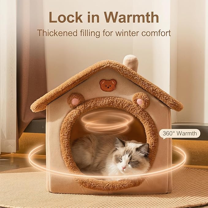 Cat Bed Cave, Cute Bear Shape Cat Beds for Indoor Cats, Pet House Cats Tent with Removable Cushion Pillow for Kittens Puppy Small Dogs (Brown-L, 20.4 * 16.9 * 19.6in)