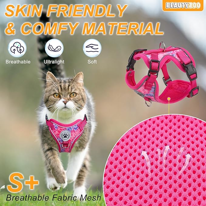 BEAUTYZOO Cat Harness and Leash for Walking, Escape Proof Soft Adjustable Vest Harnesses for Medium Large Cats, Easy Control Breathable Reflective Strips Jacket, Rose, M