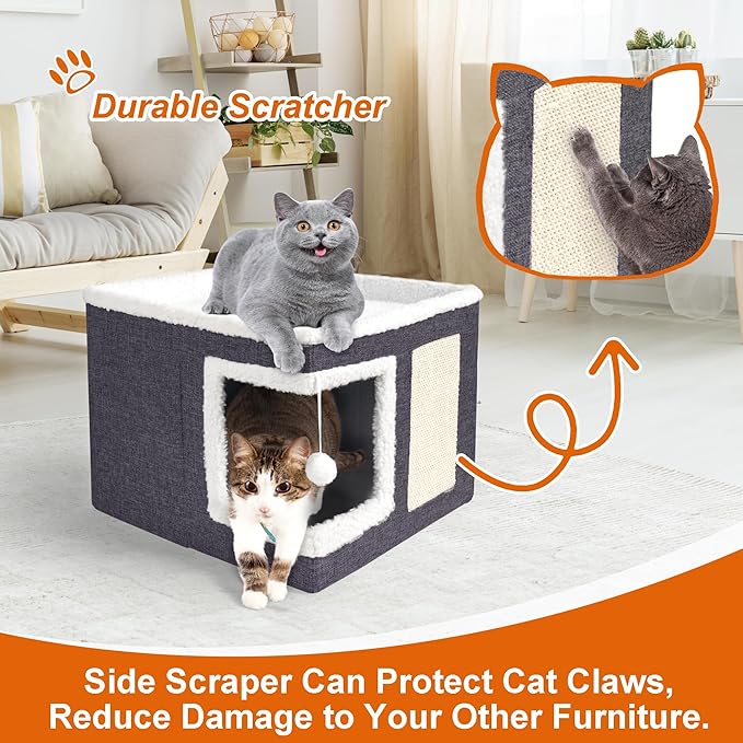 Loyareal Cat Houses for Indoor Cats - Large Cat Bed Cave with Scratch Pad and Fluffy Ball, Foldable Cat Condo Hideaway with Reversible Cushion for Multi Small Pet, Dark Grey
