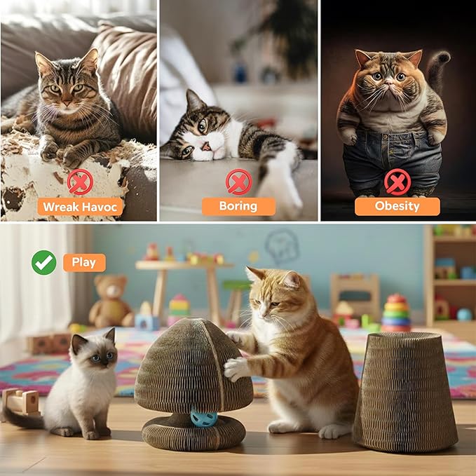 Kitty Kurlz Magic Organ Cat Scratcher Toy, Expandable Cardboard Cat Scratching Board, Interactive Cat Tunnel & Cat Bed with Bell Ball, Helps Protect Furniture & Keep Cats Active