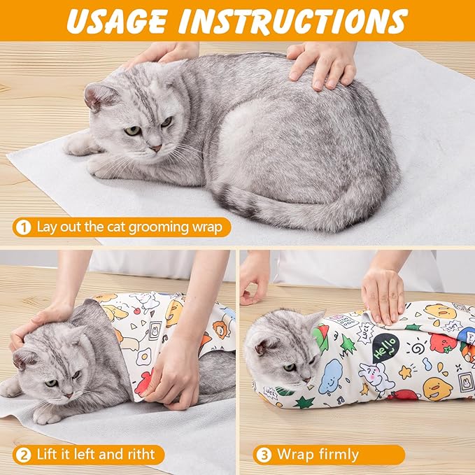 ondware 31.5 in Cat Wrap for Cutting Nails, Self-Adhesive Cat Grooming Wrap Anti-Escape Cat Restraint for Nail Clipping Cat Swaddle Wrap Cat Wrapping Cloth for Pet Cleaning and Beauty (Within 22 lbs)
