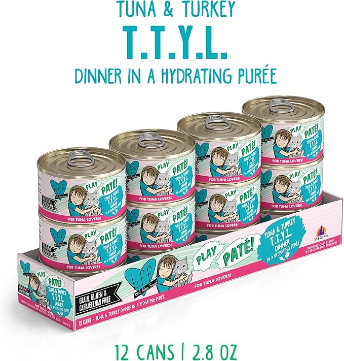 Weruva B.F.F. Play - Best Feline Friend Paté Lovers, Aw Yeah!, Tuna & Turkey T.T.Y.L. with Tuna & Turkey, 2.8oz Can (Pack of 12)