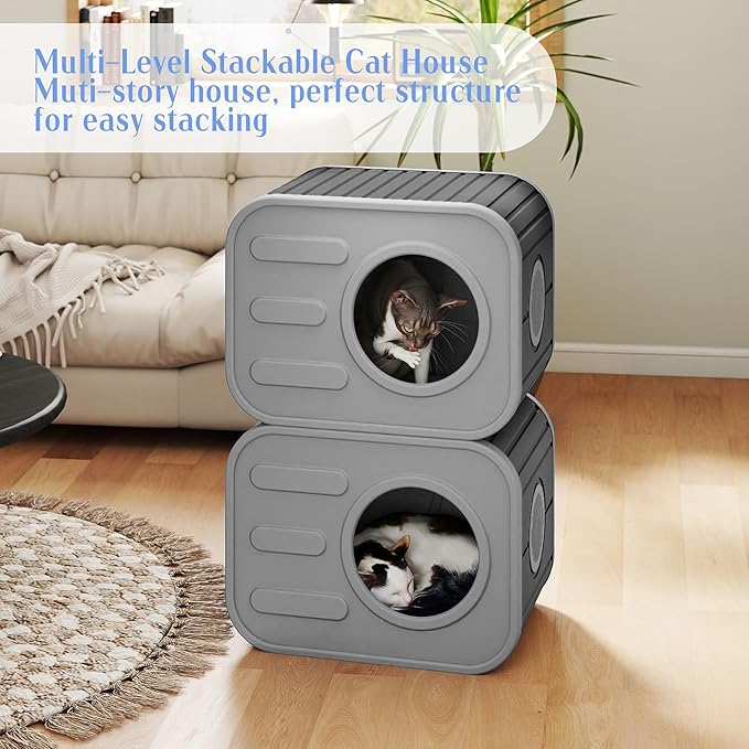 Insulated Outdoor Cat House,Plastic Feral Cat Houses for Outdoor Indoor Cats with Camera Appearance & Large Door,Stackable Cat Houses & Condos,Spacious Cat Bed Cave,Easy to Clean,Black