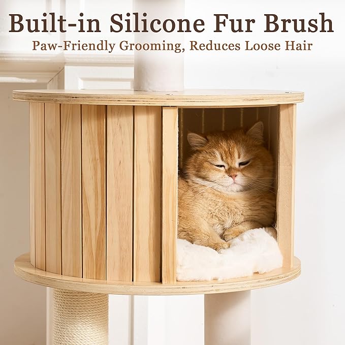 Solid Wood Cat Tree Tower with Scratching Post, 61 inch Multi-Level Cat Towers with Large Soft Cloud-Like Bed, Modern Cat Tower with Wood Spacious Condo with Removable Cushion for Indoor Cats