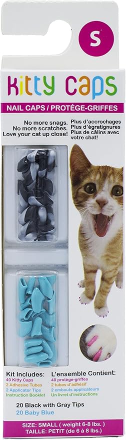 Kitty Caps Nail Caps for Cats, Black with Gray Tips & Baby Blue - Safe, Stylish & Humane Alternative to Declawing Stops Snags & Scratches, Small (6-8 lbs), 40 Count