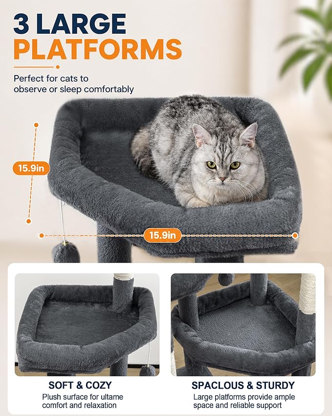 Multi-Level Cat Tree Tower for Indoor Cats, 67 inch Tall XL Heavy Duty Climbing Tower with 3 Large Platform, Scratching Post, Hammock, Kitty Condo for Multiple Cats, Extra Large Cat Trees, Dark Grey