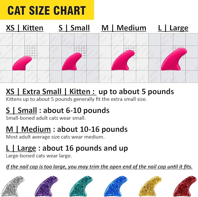 zetpo Glitter Cat Nail Caps | Cat Claw Covers | with Adhesives and Applicators (6X Glitter | 120 pcs, M)