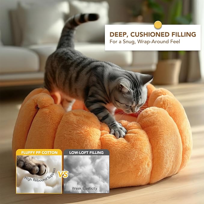 PETNOVO Pumpkin Cat Bed, Plush Donut Cuddler with High Bolster, Non-Slip Cozy Pet Nest for Indoor Cats up to 13 lb and Small Dogs, 20L x 20W x 12H Inch, Pumpkin Yellow