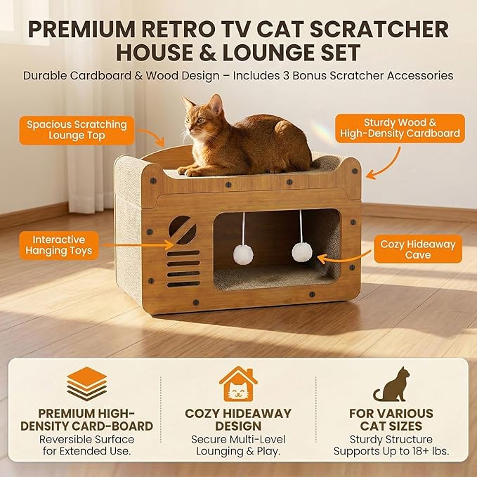 2-in-1 Cat Scratcher House, Retro TV Shaped Cat Condo with Sofa Top, Durable Cardboard Cat Scratching Board for Indoor Cats, Light Oak Style, 22x12x12in