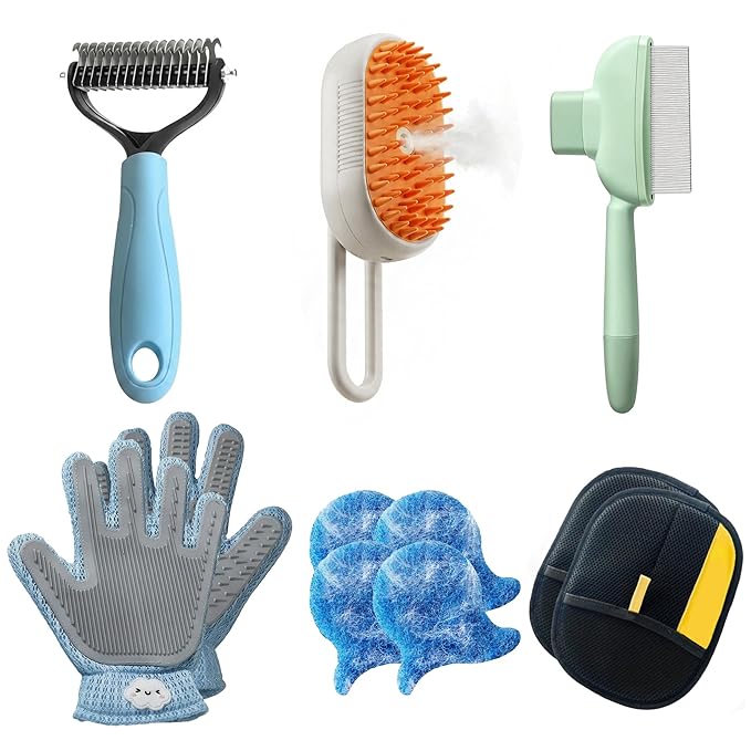 10-Piece Pet Grooming Kit-Dematting Comb,Spray Massage Brush,Pin Brush,Double-Sided Massage Glove,Static Hair Removal Gloves &Washing Machine Pet Hair Remover-Dog & Cat Grooming for Long & Short Hair