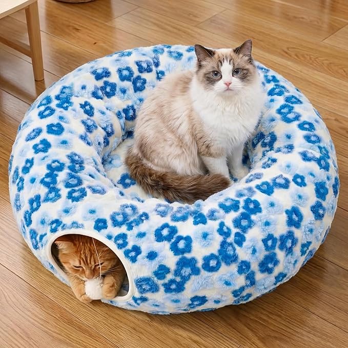 Meowfia Indoor Cat Tunnel with Donut Bed - Large Flexible Play Space for Multiple Pets - Circle or Snake Shape, Cozy Lounge (Blue Blossom)