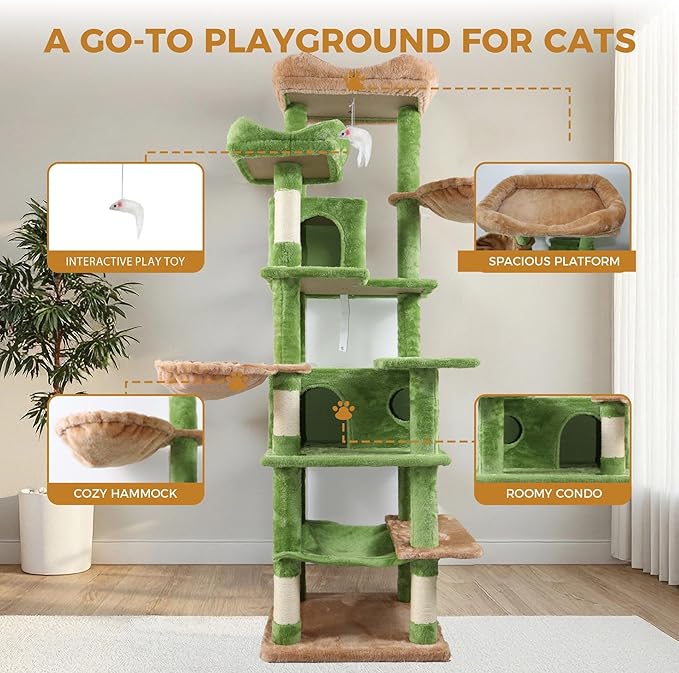 68" Green Cute Cat Tree for Indoor Cats Large Adult, Tall Cat Tower with Scratching Post & Condo, Hammock, Aesthetic Cats Stand, Modern, Easy Assembly (Green, 68" Tall)