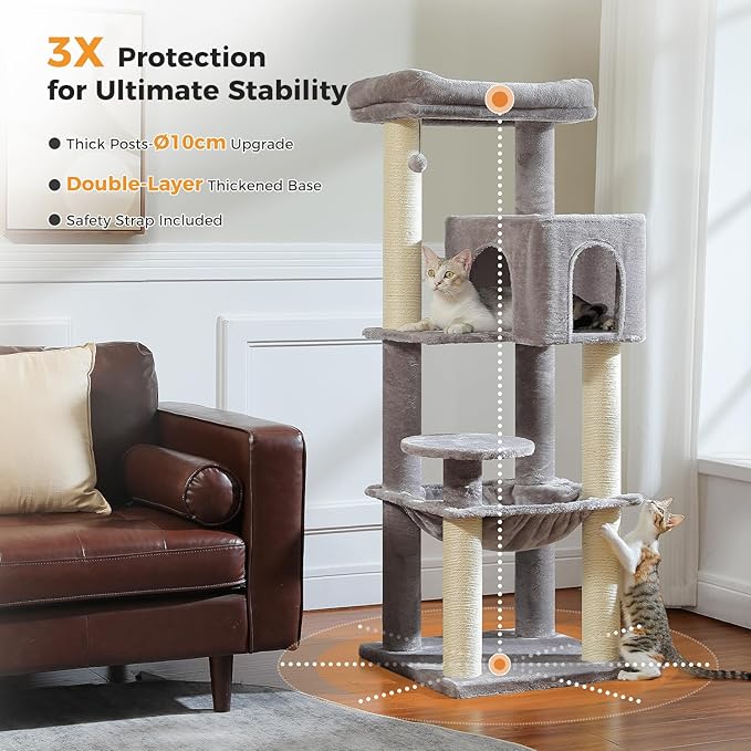 MUTTROS Large Cat Tree with Reinforced Scratching Posts (φ3.7in) for Big Adult Cats 30 lbs, 57.8" Heavy Duty Cat Tower with Larger Hammock and Condo, Cat Furniture for Maine Coon, Plush,Grey