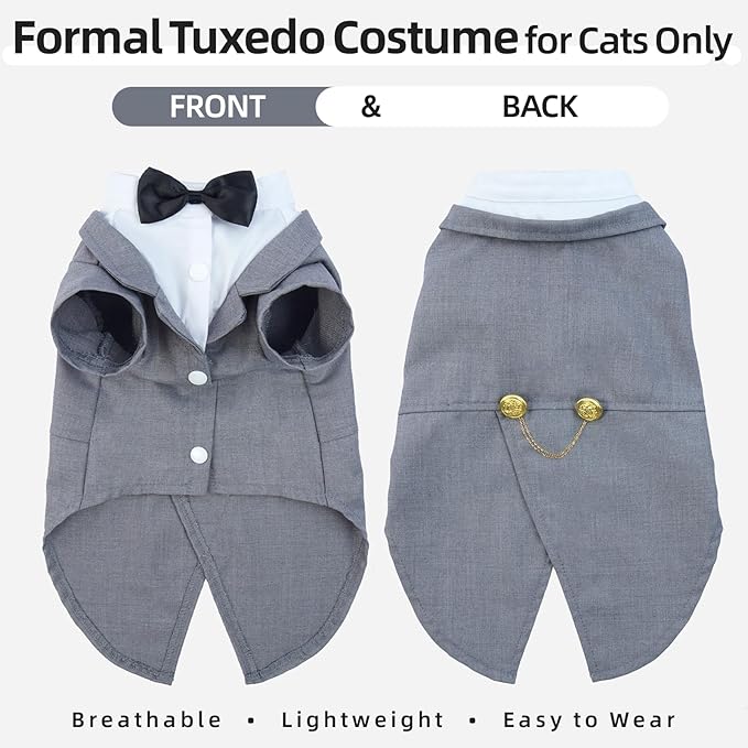 QBLEEV Cat Tuxedo Outfit, Formal Cat Suit Costume with Bow Tie, Sphynx Hairless Clothes for Cats Only, Kitten Wedding Birthday Party Attire Apparel for Male Boy, Cute Small Pet Gentleman Formal Wear