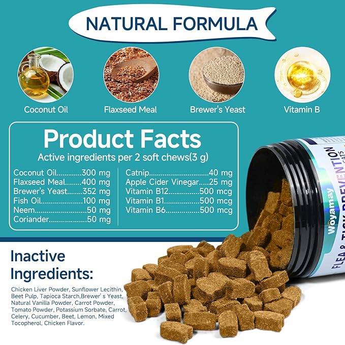 Woyamay Natural Flea & Tick Prevention Bundle for Cats & Dogs, 200 Chews + Drops 4-in-1 Herbal Drops, Supports Skin, Coat, Digestion & Immunity, Gentle Daily Flea Treatment for Multi-Pet Homes