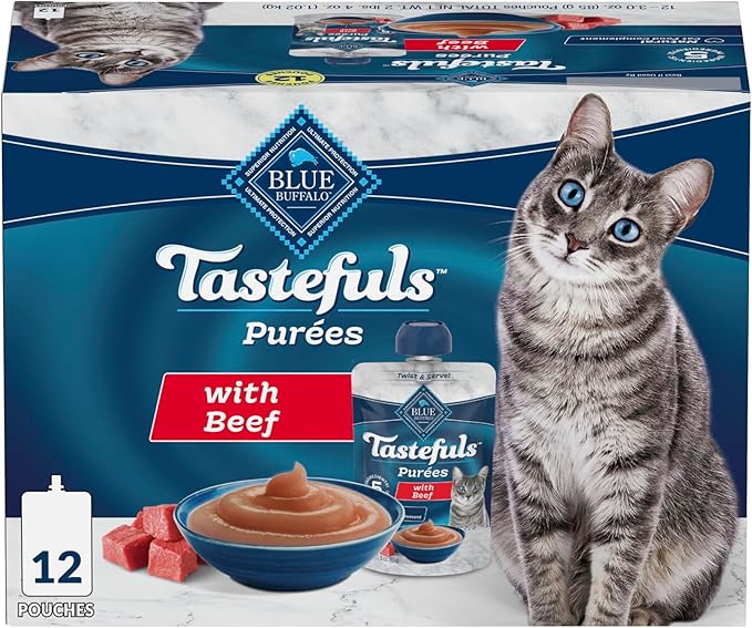 Blue Buffalo Tastefuls Purées Natural Adult Cat Food Complement with Just 5 Ingredients, Beef, 3-oz Resealable Pouch, 12-ct Multipack
