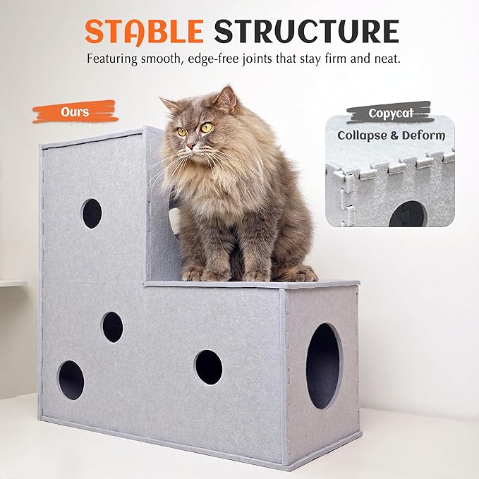 PETKARAY Cat Tunnel, Original Cat Hideaway Cave for Indoor Cats, Large Kitten Play Tubes and Tunnels, Soft Felt Cat Toy with Interactive Peek Hole, Grey L Shape