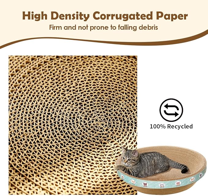 Large Cat Scratcher Bed, 16.9" x 16.9" x 3.9" Cat Scratch Cardboard with 2‑in‑1 Design, Scratching Board Pad for Indoor Cats Kitty Kittens, Scratch Bowl Lounge House Couch, Furniture Protector, Round