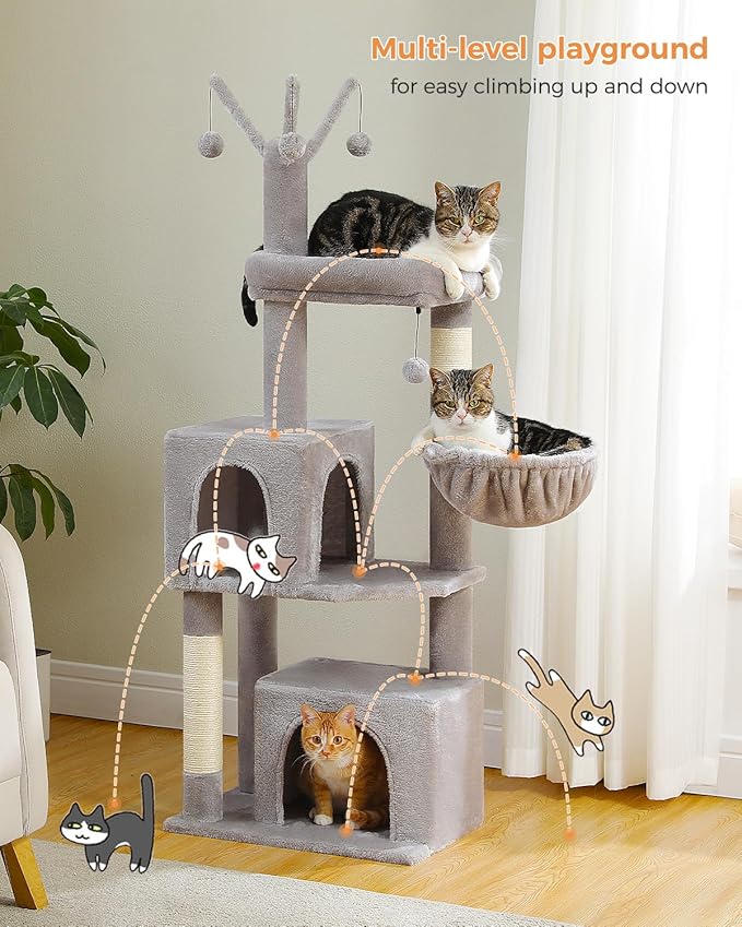 53-Inch Tall Cat Tree with 2 Condos for Indoor Cats,Cat Tower with Scratching Posts for Small Cats,Grey Cat Tree Tower with Hammock and Cat Toys