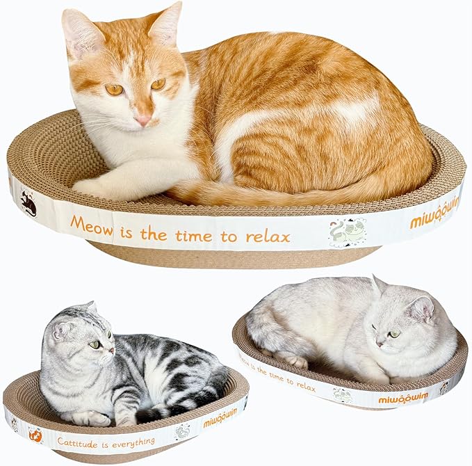 Miwoowim 3PCS 2 Cat Scratcher Bowl +1 Corrugated Scratch Pad with Box,Oval Shape Cat Scratcher Cardboard Bed, Scratching Lounge Bed, Cute Round Scratcher for Indoor Cats
