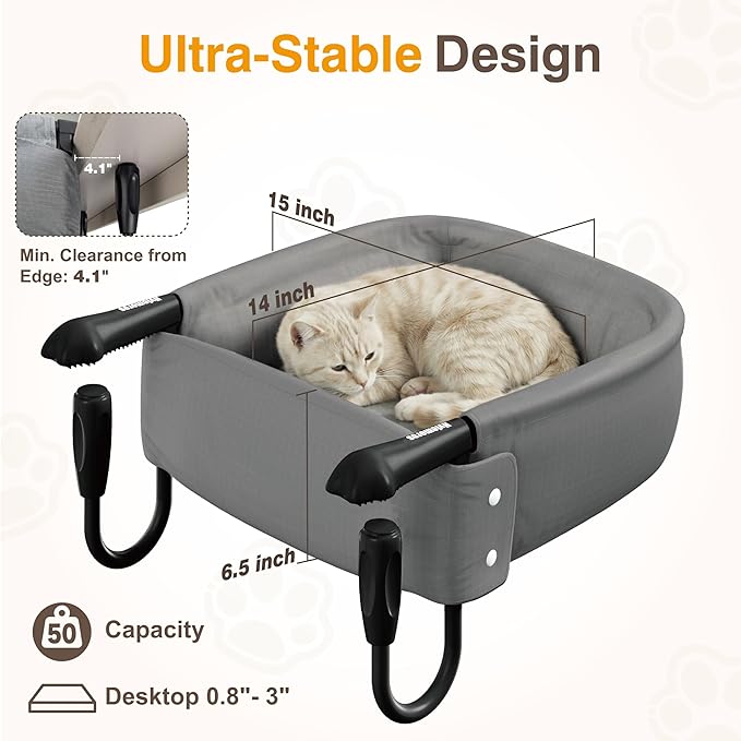 Cat Desk Bed for Large Cats 50 lbs Heavy Duty Cat Bed for Desk Attachment with Paw Design Extra-Sturdy Dog Chair Dual-Sided Mat Waterproof Easy Assembly for Gaming Desk Kitchen Island Gray