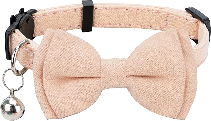 Cat Collar with Bow Tie Bell Breakaway Kitten Small Pet Safety Solid Wedding Basic Pure Color Suede Soft Adjustable [1pc] Pink