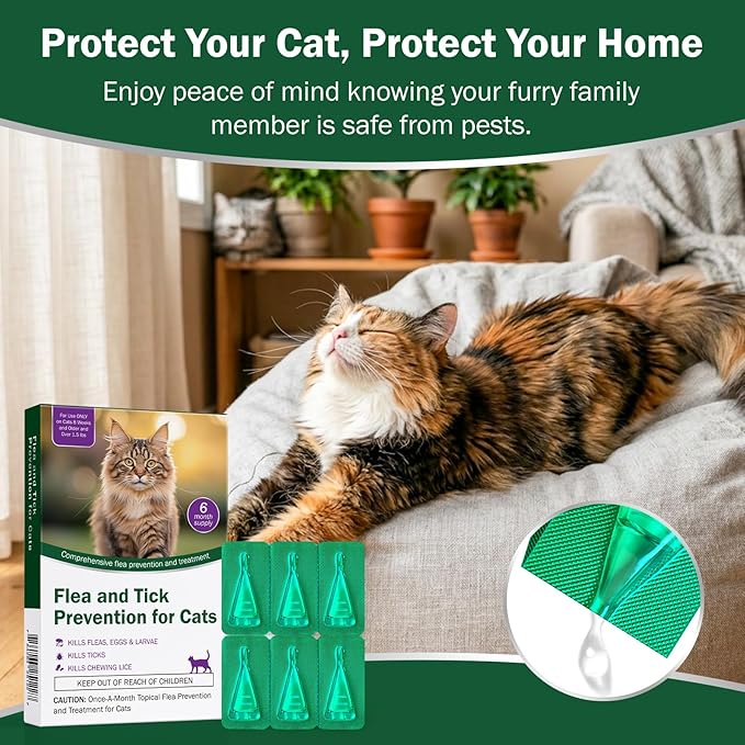 Flea and Tick Prevention for Cats & Kittens - Topical Waterproof Cat Flea and Tick Treatment – Fast-Acting & Long - Control for Cats Over 1.5 lbs and 8 Weeks or Older Supplement– 6-Dose Supply