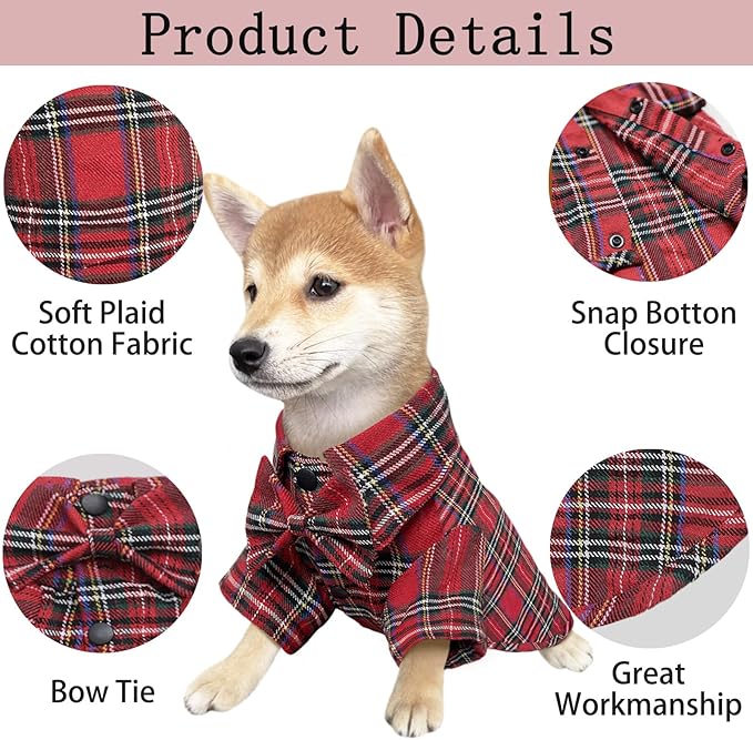 MAMORE Plaid Dog Shirt, Cute Puppy Outfit T-Shirt for Small Dogs Boy Girl, Soft Breathable Pet Cat Clothes Easter Thanksgiving Christmas Costume Apparel