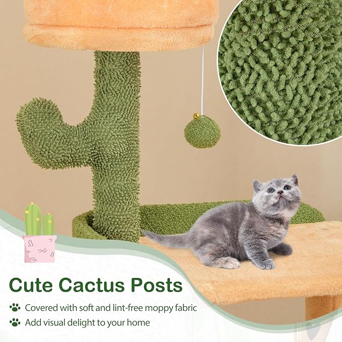 Tangkula Cactus Cat Tree, 63 Inch Multi-Level Tall Cat Tower with Sisal Scratching Posts & Board, Condo, Padded Perch, Hanging Toys, Basket Bed, Platforms, Green Cute Cat Tree for Indoor Cats