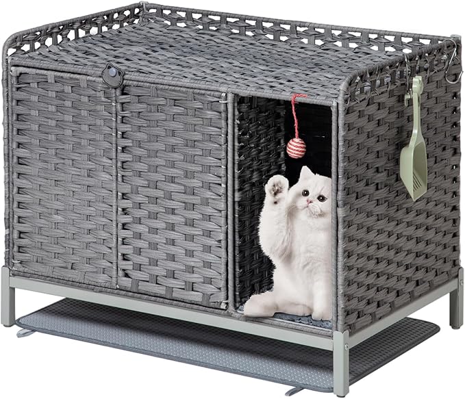 SETVSON Cat Litter Box Enclosure Furniture with Divider, Handwoven Rattan Litter Box with Mat, 31.2 x 19.6 x 24.2 Inches, Metal Heightened Feet, Hidden Cat House for Living Room, Bedroom (Gray)