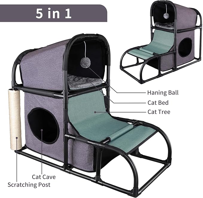 Goetland PVC Modern Cat Condo House Tree Medium Tower Bed Scratching Post Climber With Peek Hole and Dangling Ball for Kitty Indoors Dark Grey