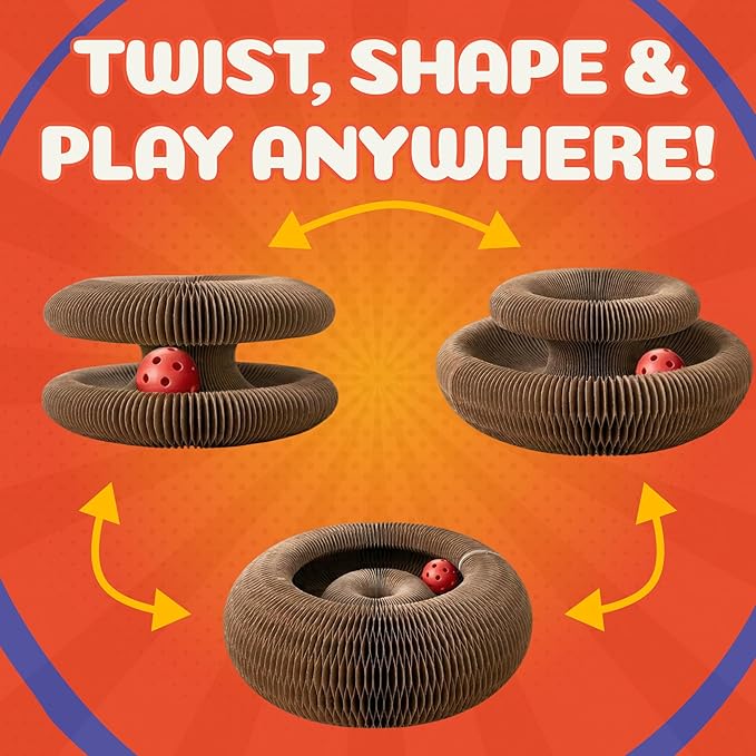 Kitty&Scratch Cat Scratcher Toy | Cardboard Cat Toy with Ball Track with Bell | Kitty Kurlz | Kitty Curls Style Accordion Toy | Expandable Reversible Cardboard Scratcher for Cats & Kittens