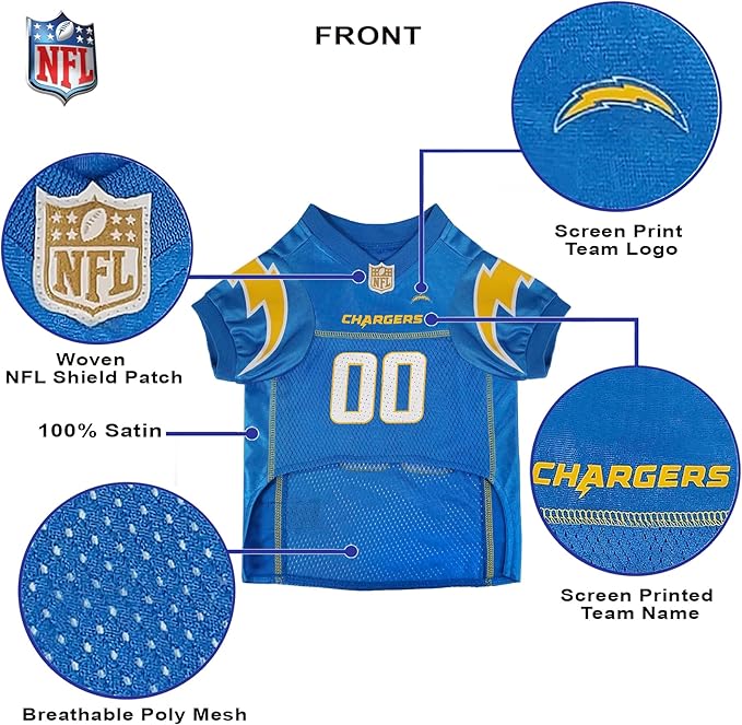 Pets First NFL Los Angeles Chargers Dog Jersey, Size Medium, Football Shirt Costume for Pet, Dog Sports T-Shirt, NFL Team Clothing for Cats, Licensed Pet Apparel Available in 7 Sizes and 32 Teams