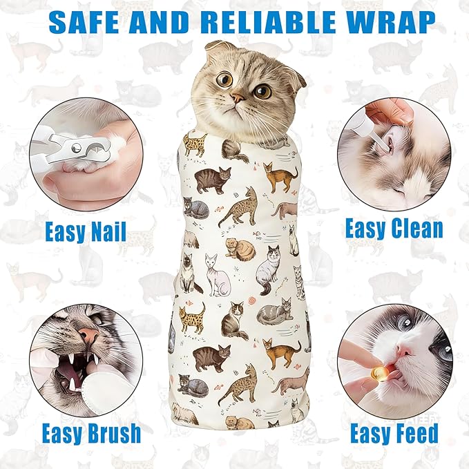 Cat Grooming Wrap for Cutting Nails, 27.6" Cat Swaddle for Medicine, Nail Clipping, Teeth Brushing, Ear Cleaning
