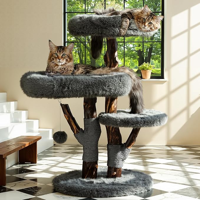 Aesthetic Cat Tree Tower for Large Cats, Modern Cat Tree for Maine Coon Indoor Cats with Faux Fox Fur, Maine Coon Cat Tree, Solid Wood Sisal Scratching Post, Perches, Platform & Toy Ball, Dark Gray