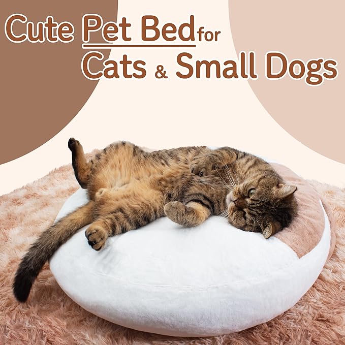 Cat Bed Donut 23.6 Inches Dog Beds for Indoor Calming, Round Pet Bed for Puppy and Kitten, Washable Cover, Anti Slip Bottom, Cute White, Medium