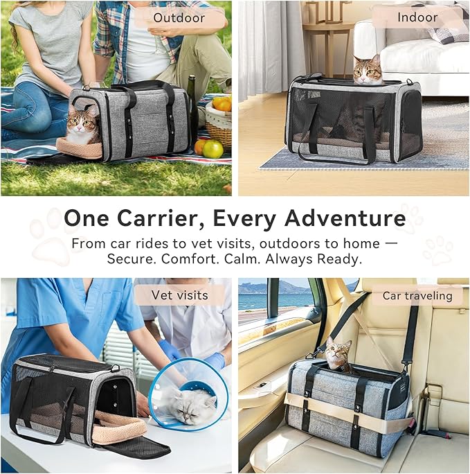 PETSFIT Soft-Sided Cat Carrier with Patented Safety Buckles, Lockable Zippers & Safety Tether,Escape-Resistant Travel Pet Carrier for Car Rides & Vet Visits, Airline Approved Under-Seat, Up to 12 lbs
