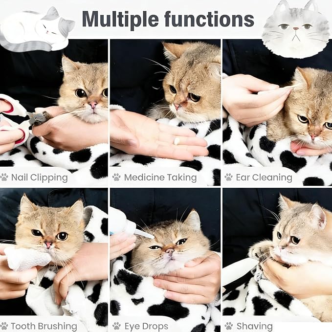Pet Grooming Wrap: Self-Adhesive Soft Blanket Restraint Tool for Cats/Small Dogs. Prevents Escaping, Ideal for Grooming & Electronics Protection (21.7×21.7 in, Fits Under 6 lbs Cats, Cow Print)