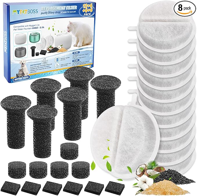 8 Set Cat Water Filter, Replacement Filters for 2.5L Lite & Premium Pet Fountain, Triple Filtration System Pet Filter Replacement (Including 12 Foam/Sponge Mufflers)