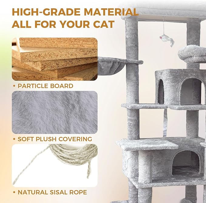 68" Grey Cute Cat Tree for Indoor Cats Large Adult, Tall Cat Tower with Scratching Post & Condo, Hammock, Aesthetic Cats Stand, Modern, Easy Assembly (Light Grey, 68" Tall)