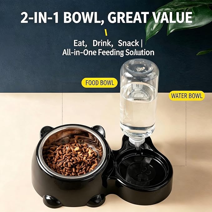 Generic Tilted Stainless Steel Dog Bowls, 2 in 1 Cat Water and Food Bowl, Automatic Refill Feeding Waterer Cat Bowls for Indoor Cats (Black)