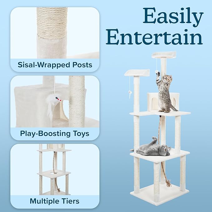 Cat Tree - 6-Foot Cat Tower for Indoor Cats with Napping Perches, Kitty Condo, 9 Cat Scratching Posts, 2 Hanging Toys, and Rope by PETMAKER (Ivory)