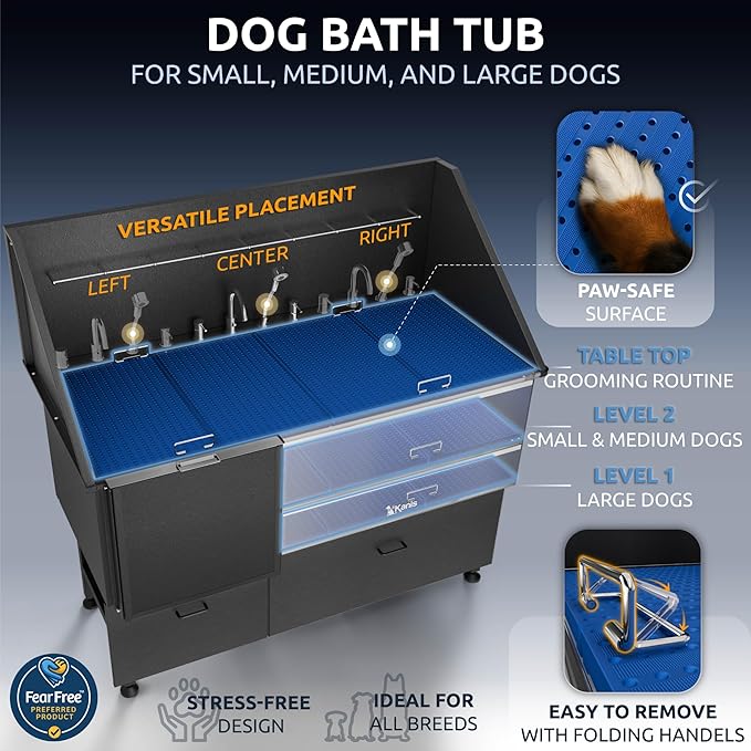 KANIS Professional Dog Washing Station 304 Stainless Steel Pet Wash Sink & Grooming Bathtub w/Shower, Floor Grates and Storage for Large, Medium & Small Pets (Black, 61 Inches, Left Ramp, 2 Drawers)