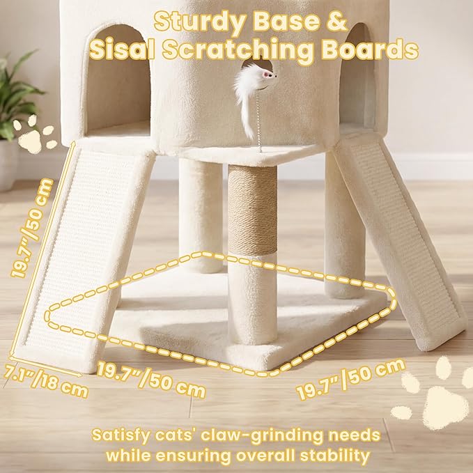 Cat Tree, 73-Inch Sturdy Corner Cat Tower with Wide Top Perch, Cat Furniture with 2 Spacious Condos, 2 Cozy Baskets, 2 Scratching Boards & Interactive Toy for Large Cat, Beige VCT021MJ